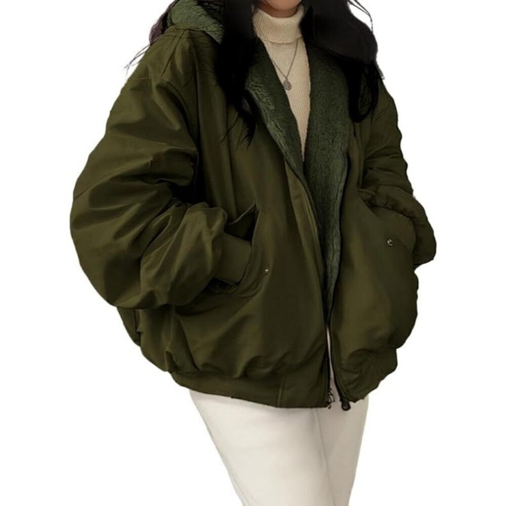 Women's Winter Coats Puffer Long Sleeve Oversized Full Zipper Warm Jackets Green